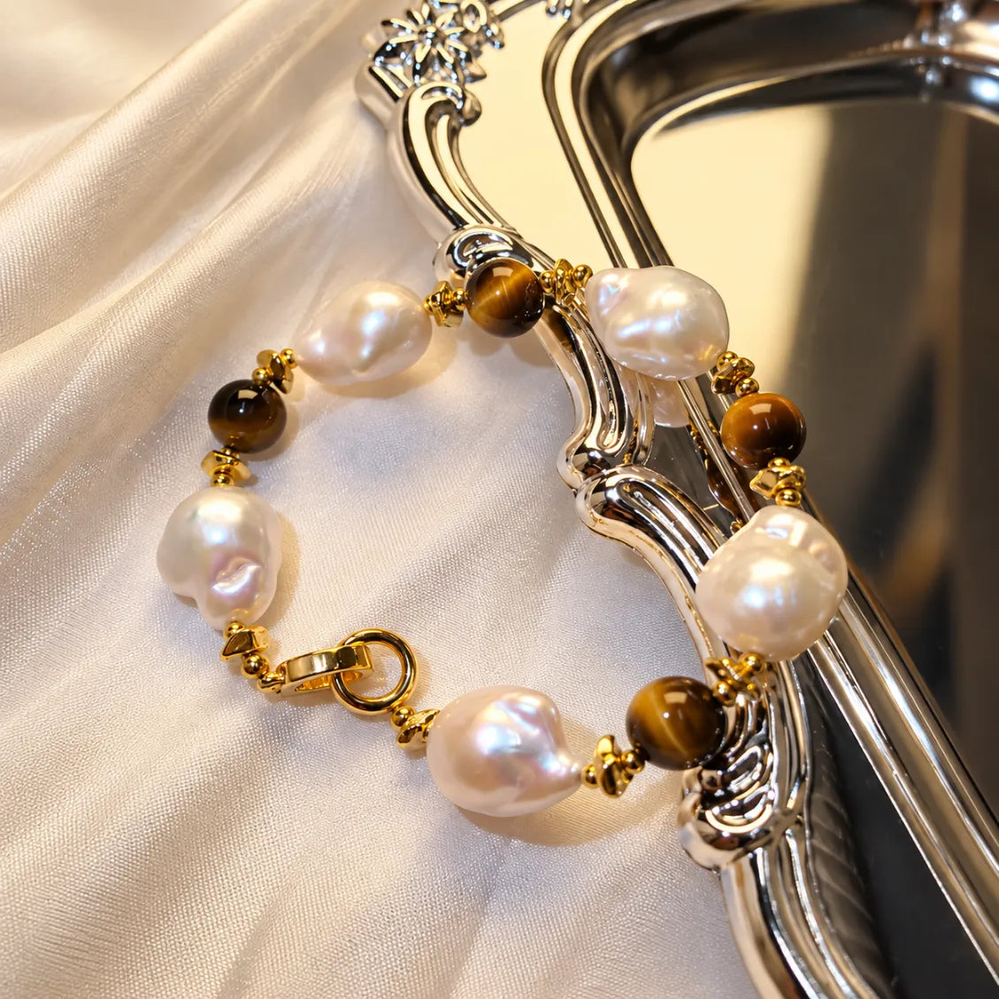 14K Gold White Freshwater Cultured Baroque Pearl Bracelet with Tiger's Eye  - AAAA Quality