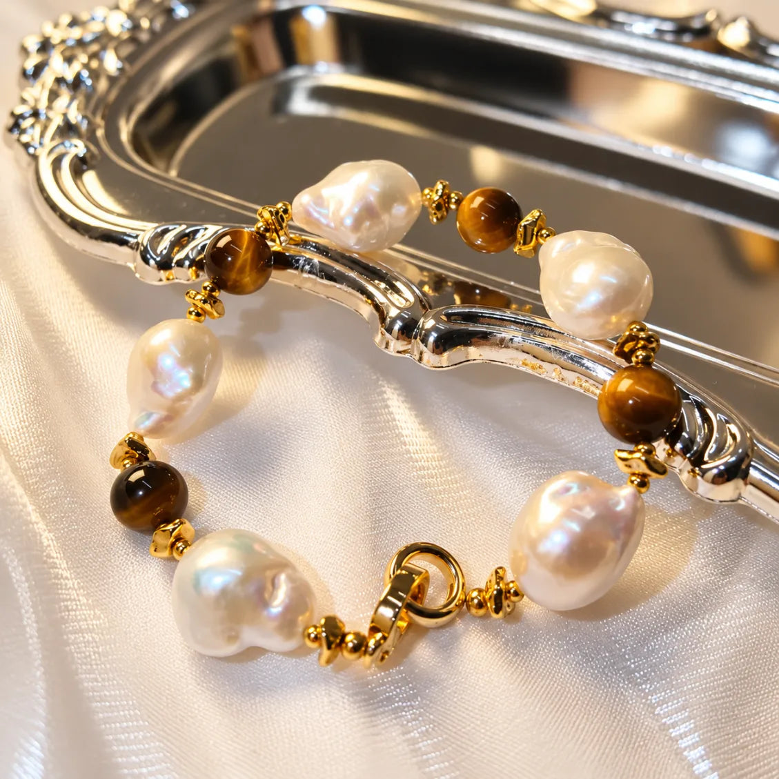 14K Gold White Freshwater Cultured Baroque Pearl Bracelet with Tiger's Eye  - AAAA Quality