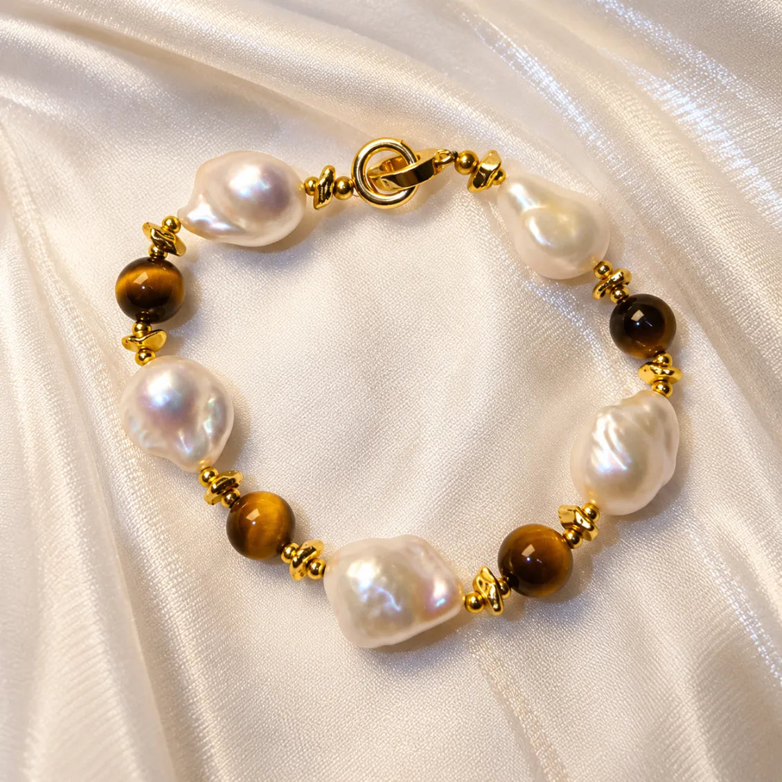 14K Gold White Freshwater Cultured Baroque Pearl Bracelet with Tiger's Eye  - AAAA Quality