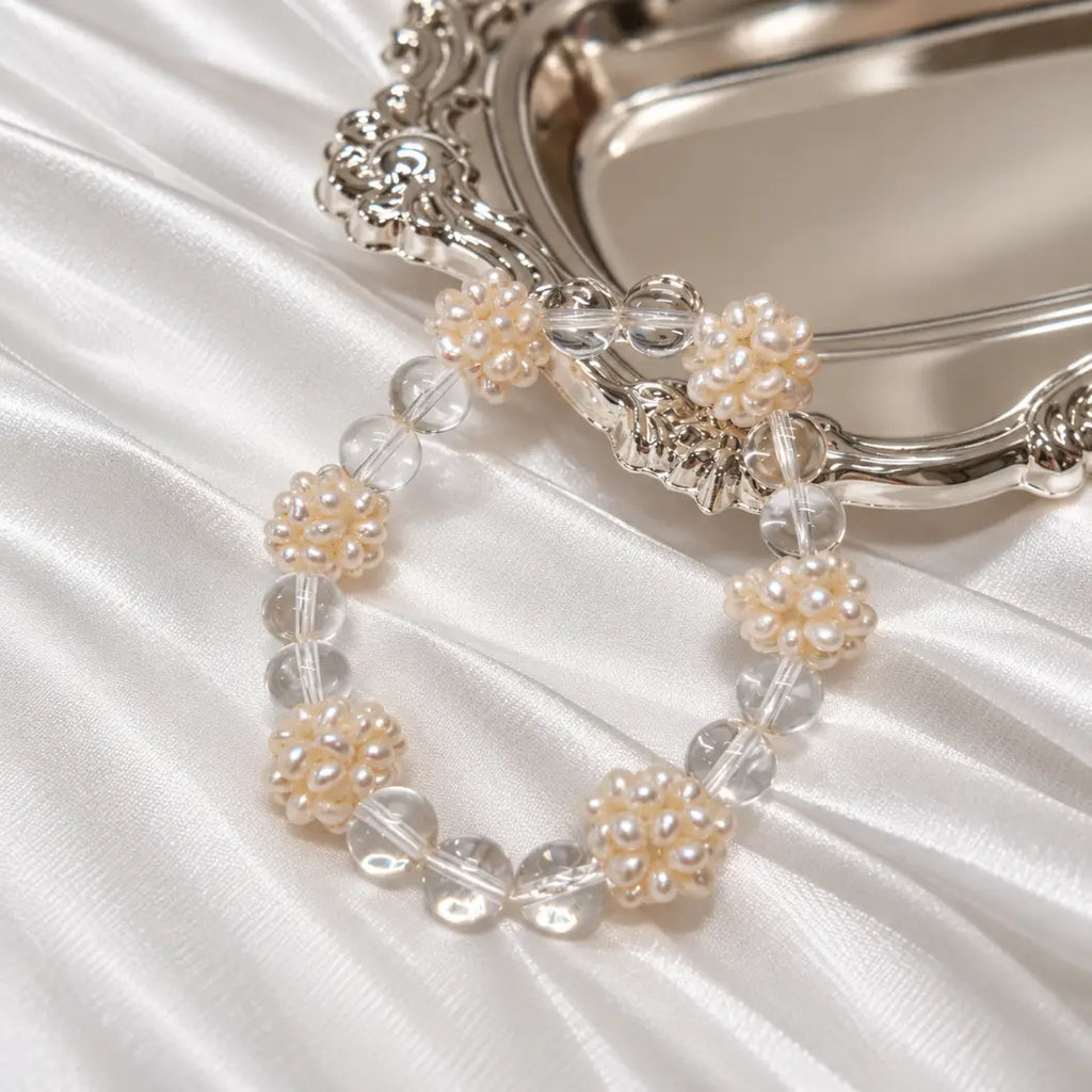 White Seed Bead Floral Bracelet with Clear Quartz