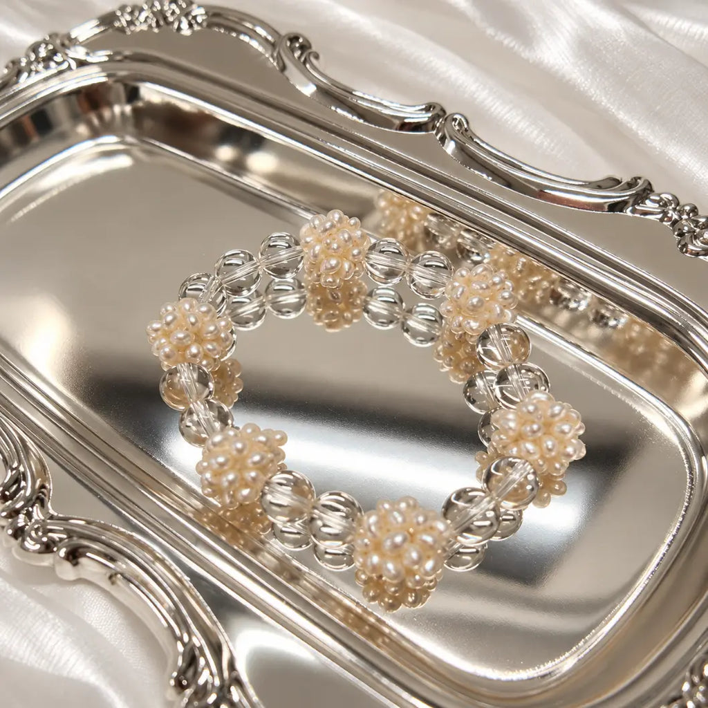 White Seed Bead Floral Bracelet with Clear Quartz