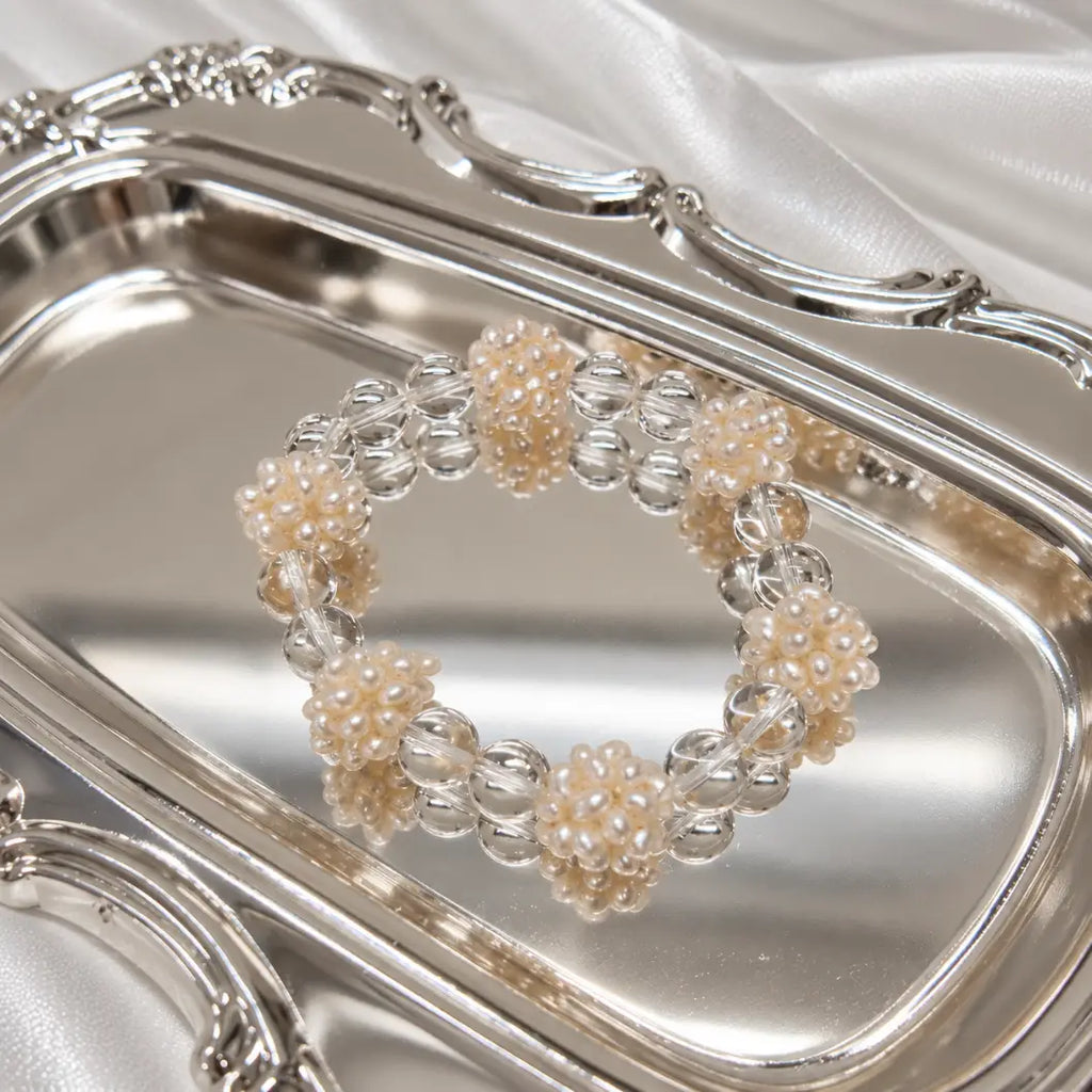 White Seed Bead Floral Bracelet with Clear Quartz
