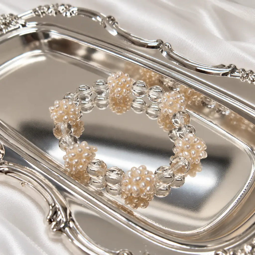 White Seed Bead Floral Bracelet with Clear Quartz