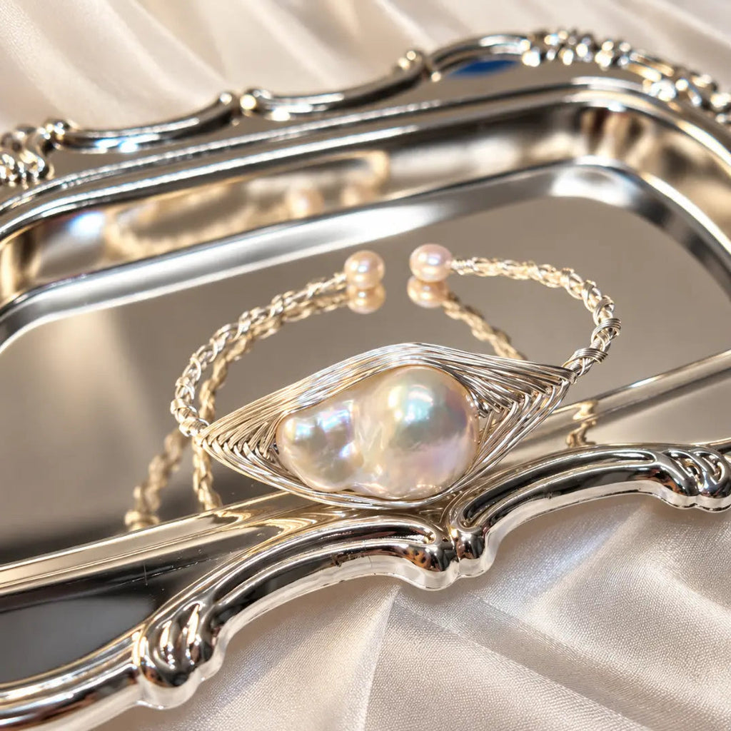 White Baroque Pearl Open-Cuff Wire-Wrapped Bracelet