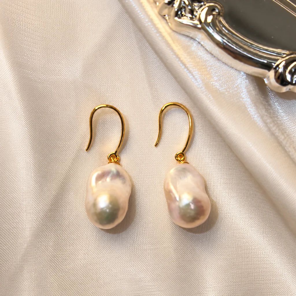 14K Gold White Freshwater Cultured Baroque Pearl Drop Earring