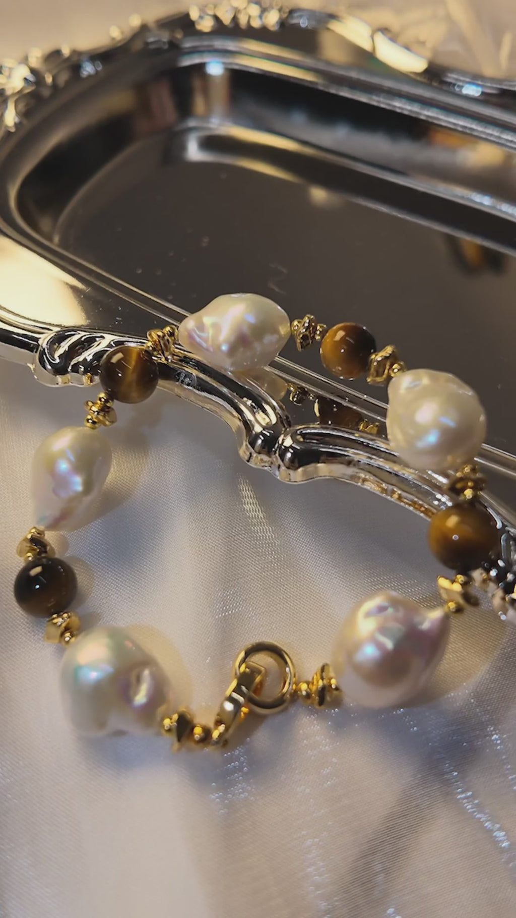 14K Gold White Freshwater Cultured Baroque Pearl Bracelet with Tiger's Eye  - AAAA Quality