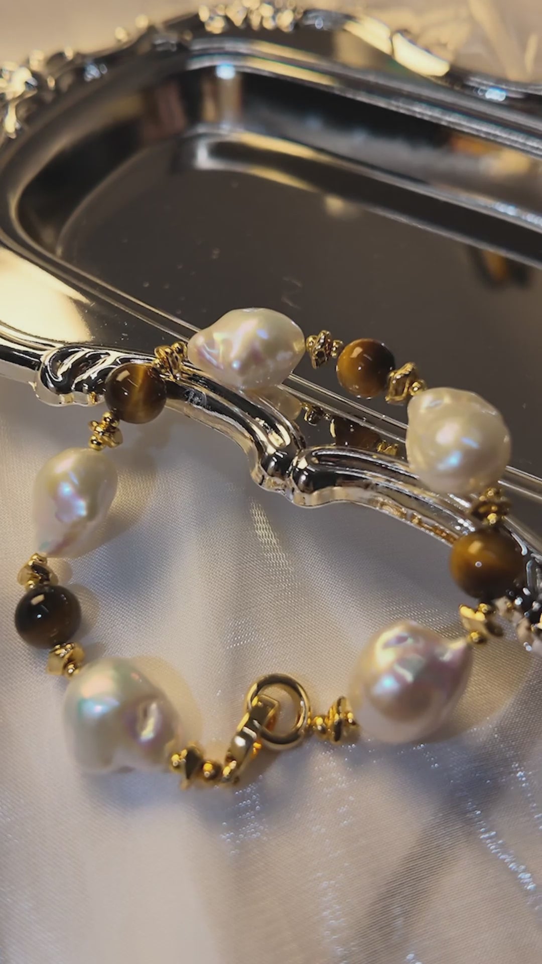 14K Gold White Freshwater Cultured Baroque Pearl Bracelet with Tiger's Eye  - AAAA Quality